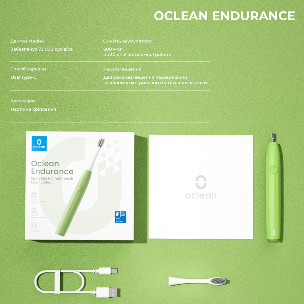 Обзор Электрическая зубная щетка OCLEAN Endurance Color Edition Green (6970810552447)