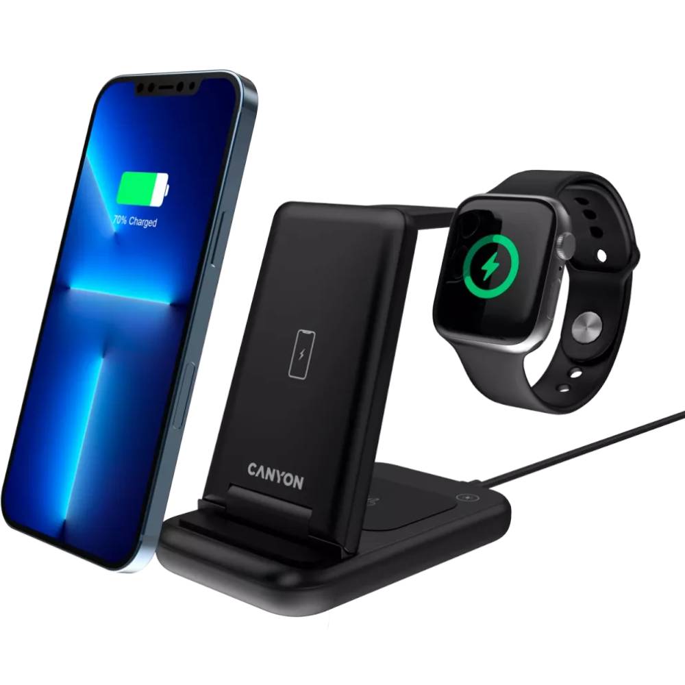 Зовнішній вигляд Бездротовий зарядний пристрій CANYON WS-304 3 в 1 QI Black (CNS-WCS304B)