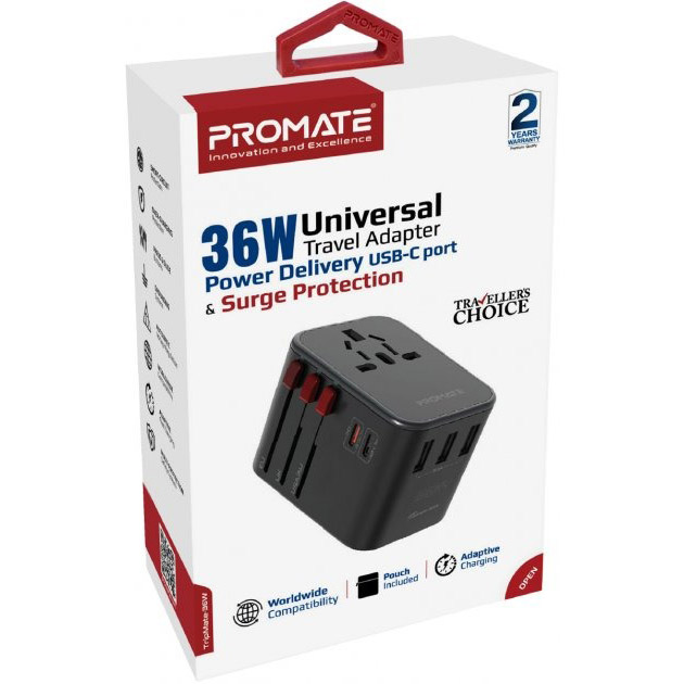 Фото Зарядний пристрій PROMATE TripMate-36W EU/US/UK/AU (tripmate-36w.black)