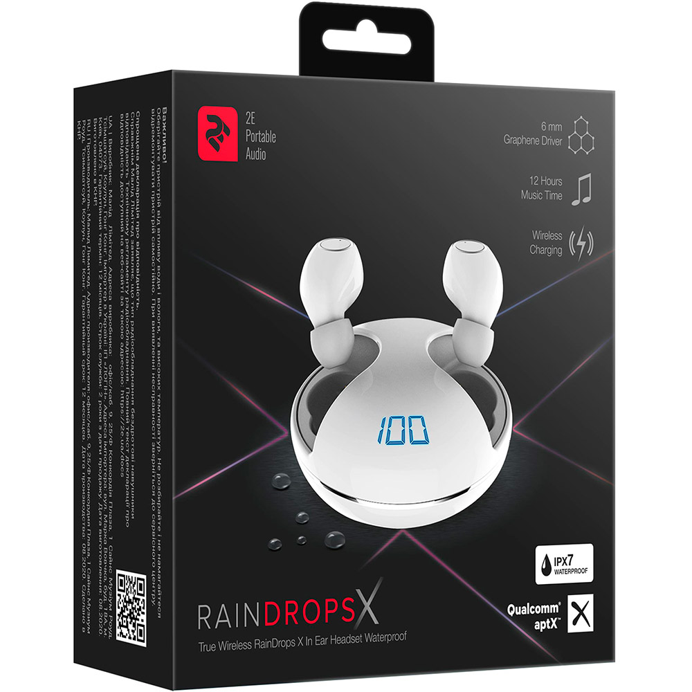 Замовити Гарнітура 2E RainDrops Х True Wireless Waterproof Mic White (2E-EBTWRDXWH)