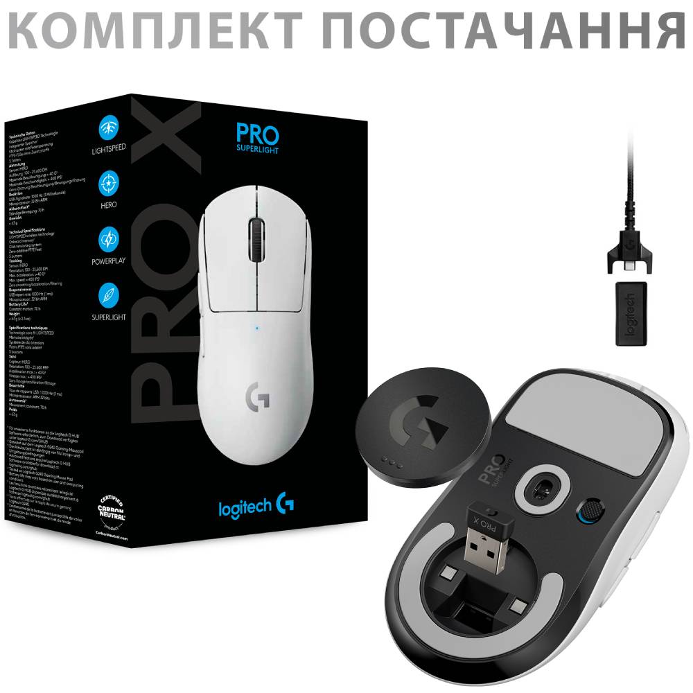 Изображение Мышь LOGITECH PRO X SUPERLIGHT Wireless Gaming White (910-005942)