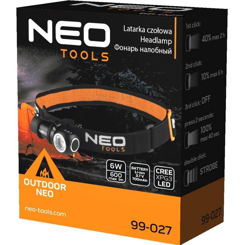 Внешний вид Фонарь налобный NEO TOOLS 600 люмен, 6 Вт, USB (99-027)
