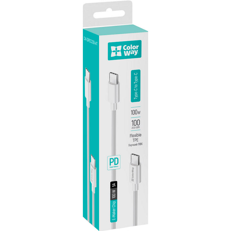 Покупка Кабель COLORWAY Type-C-Type-C100W 5 А TPE PD Fast Charging 1 м White (CW-CBPDCC058-WT)