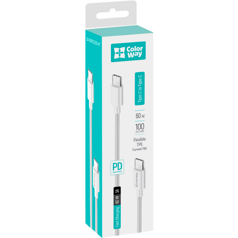 Покупка Кабель COLORWAY Type-C-Type-C 60 W 3 А TPE PD Fast Charging 1 м White (CW-CBPDCC055-WT)