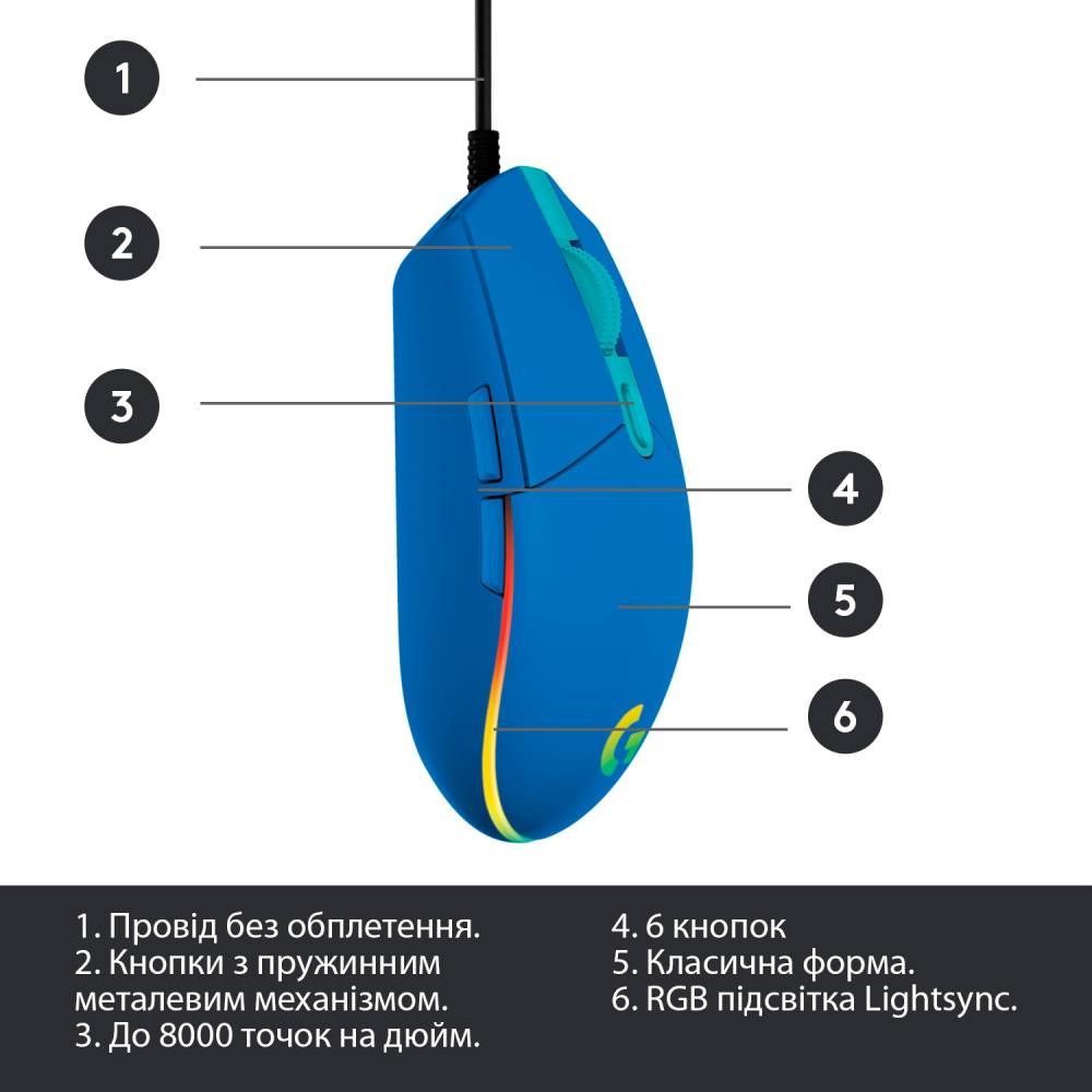 Замовити Миша Logitech G102 Lightsync USB Blue (910-005801)