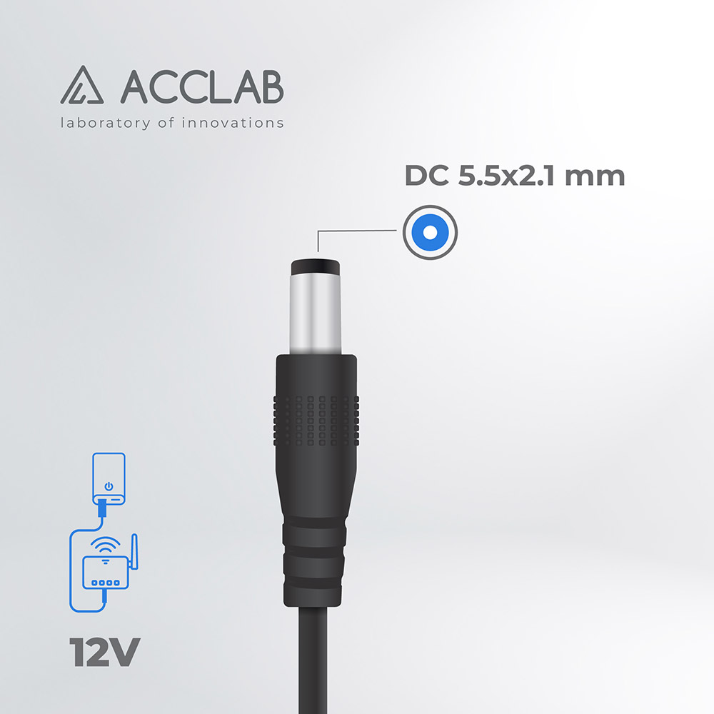 Кабель ACCLAB для роутеров USB to DC 5.5 х 2.1 мм 12V 1A Black (1283126565120) Разъем 2 DC 5.5 х 2.1