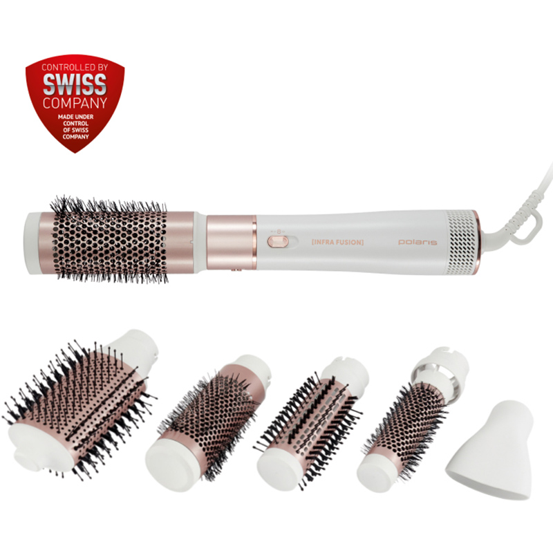 Фен-щетка POLARIS PHSB 2111 White/Rose Gold Дополнительно Технология щетки Flash Brush, вращение шнура 360, сумка для хранения, эко-корпус из переработанного пластика