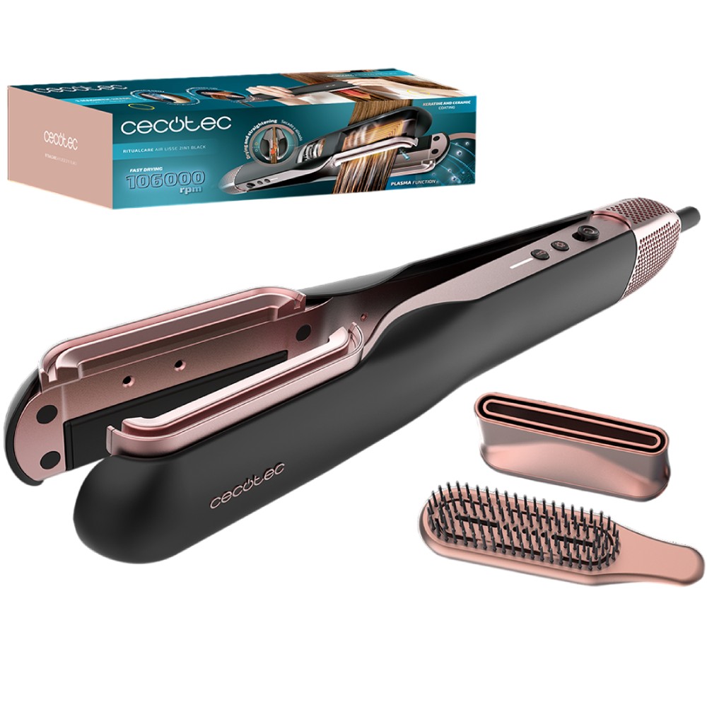 Мультистайлер CECOTEC RitualCare Air Lisse 2in1 Black (A01_EU01_100158) Дополнительно размер: 340 х 45 х 50 мм, вес: 600 г; датчик обнаружения закрытия пластин; двигатель мощностью 106000 об/мин.
