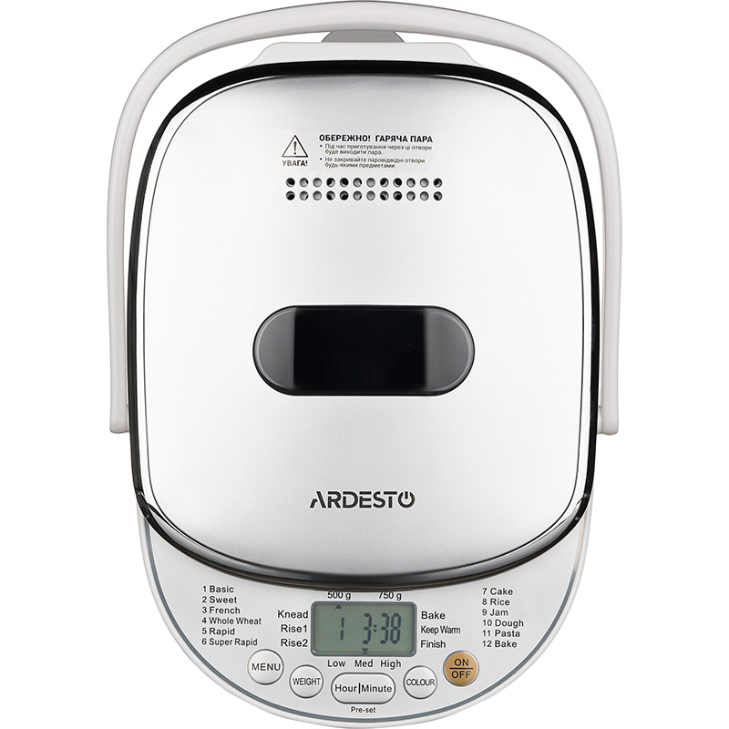 Хлебопечка ARDESTO BMG-750 Комплектация форма для выпечки, мерный стакан, мерная ложка, лопатка для замешивания, крючок для безопасного извлечения формы, инструкция