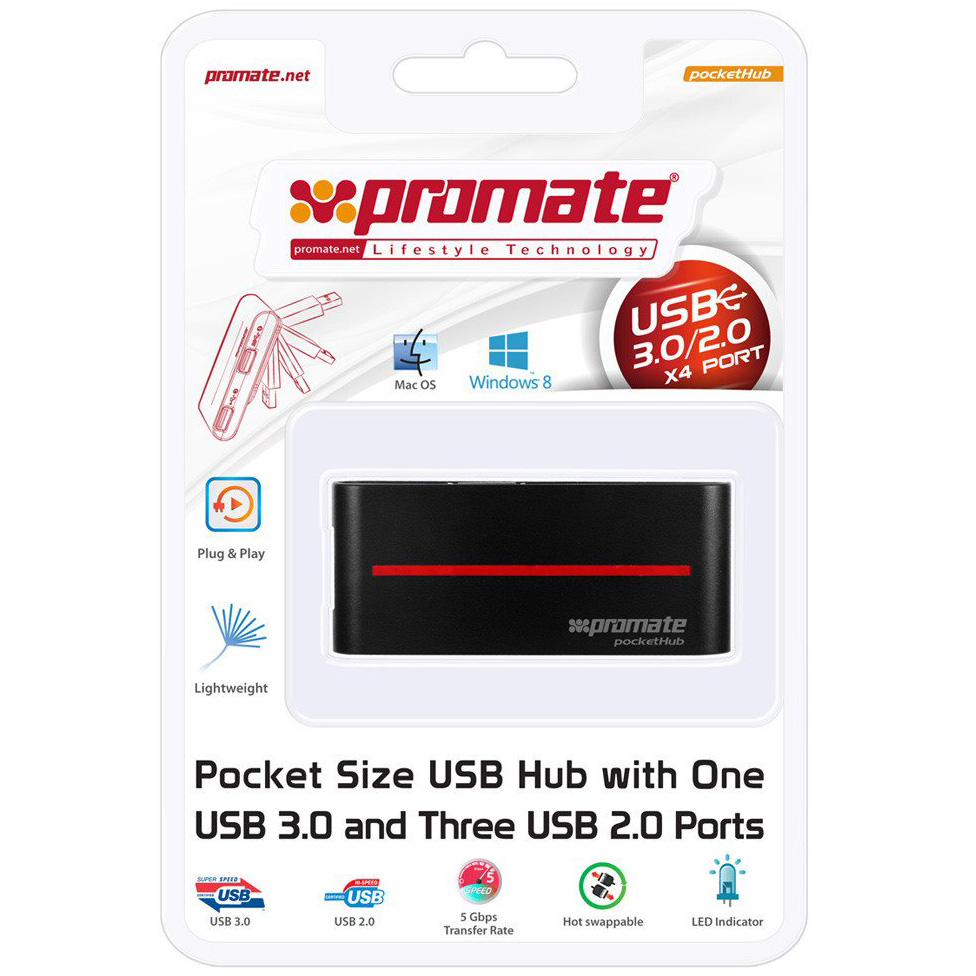 USB-хаб PROMATE pocketHub Black Інтерфейс підключення USB Type-A