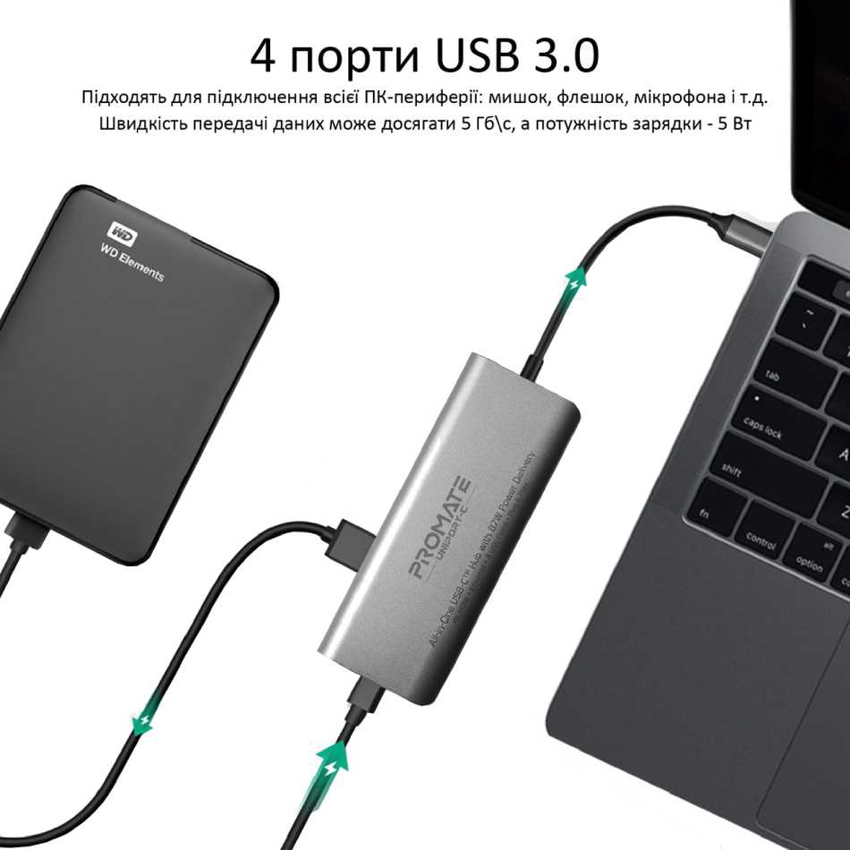 Док-станция Promate Uniport-C Grey Дополнительные разъемы HDMI