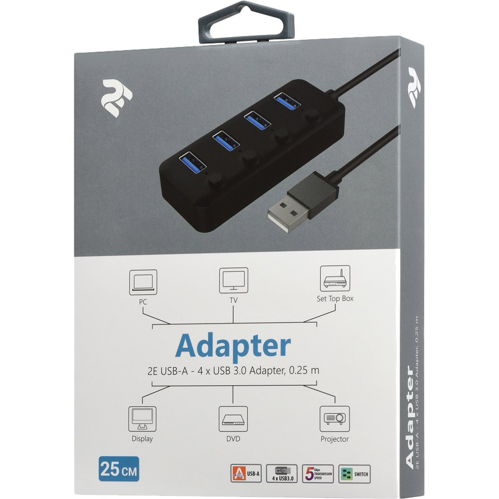 USB-хаб 2E USB-A to 4 x USB3.0 0.25 м Black (2E-W1405) Тип питания пассивный