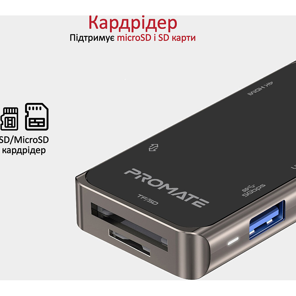 Док-станция PROMATE 7-в-1 Grey (primehub-lite.grey) Дополнительные разъемы microSD