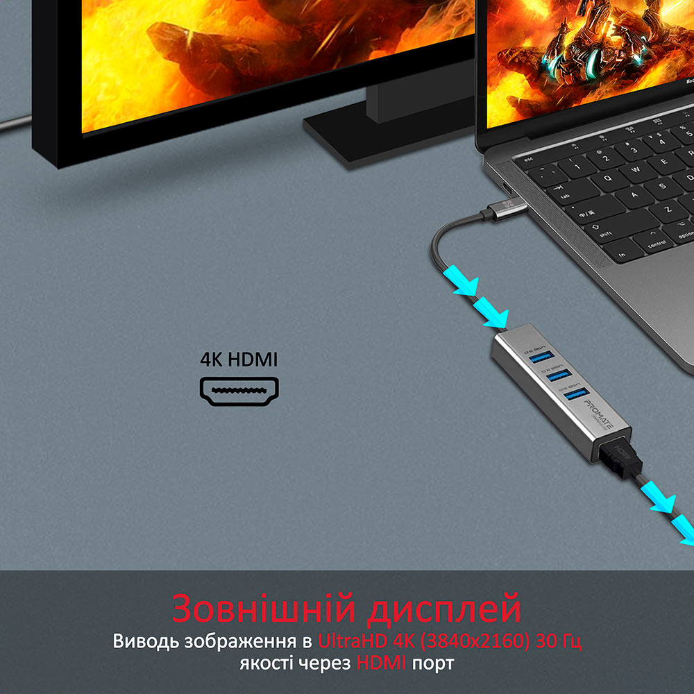 Док-станція PROMATE mediahub-c3 4-в-1 USB-С Gray (mediahub-c3.grey) Інтерфейс підключення USB Type-C