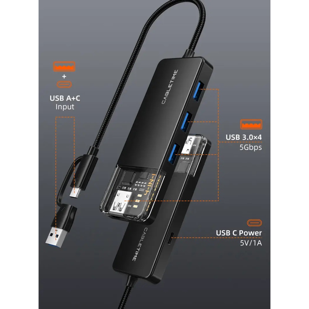 USB-хаб CABLETIME USB Type C - 4 Port USB 3.0 (CB03B) Интерфейс подключения USB Type-A