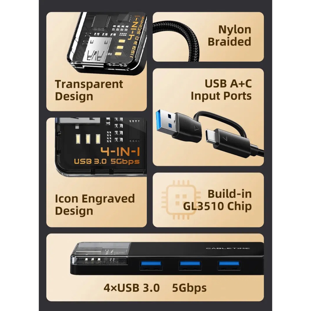 USB-хаб CABLETIME USB Type C - 4 Port USB 3.0 (CB03B) Тип USB-хаб