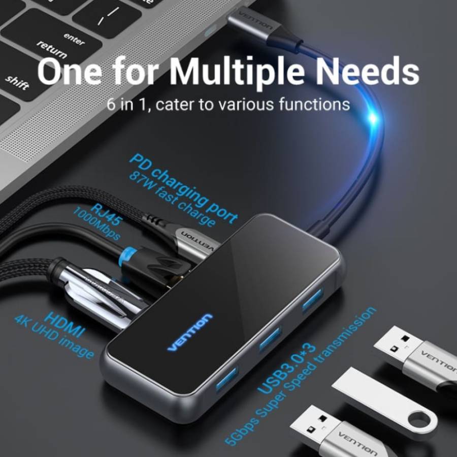 USB-хаб VENTION 6 in 1 Mirrored Surface Black (TFFHB) Інтерфейс підключення USB Type-C