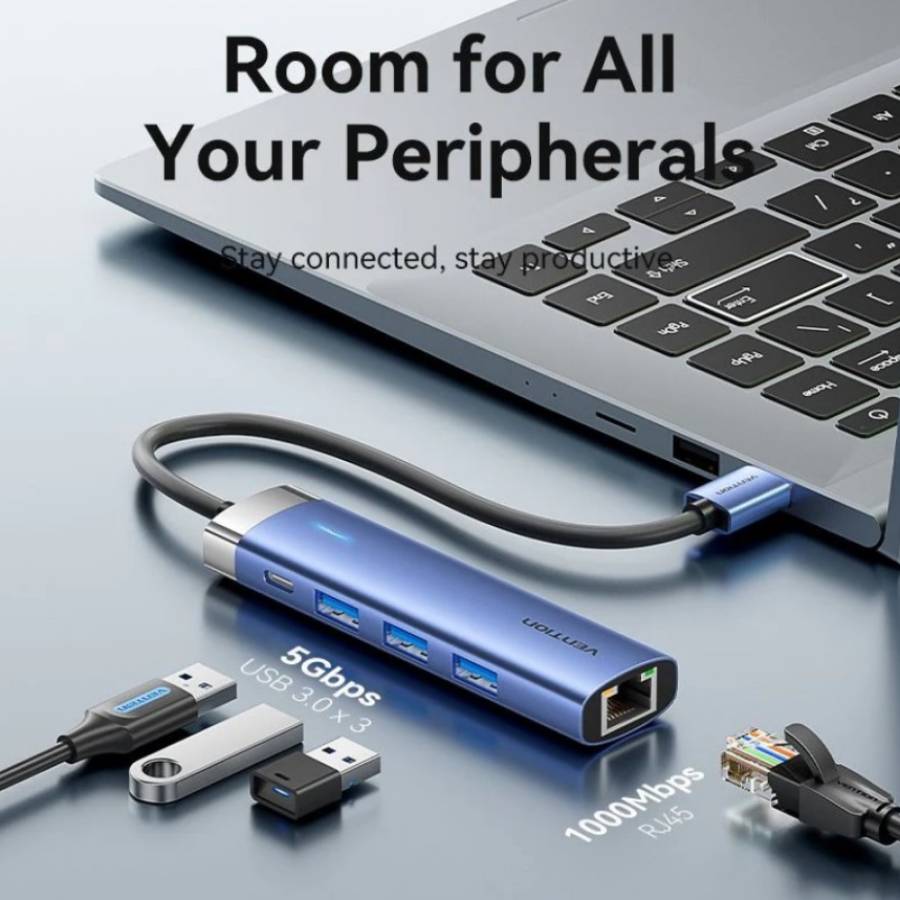 USB-хаб VENTION USB3.0 - USB 3.0x3/RJ45/USB-C Hub Blue Aluminum Alloy 5-in-1 (TGFSB) Інтерфейс підключення USB Type-A