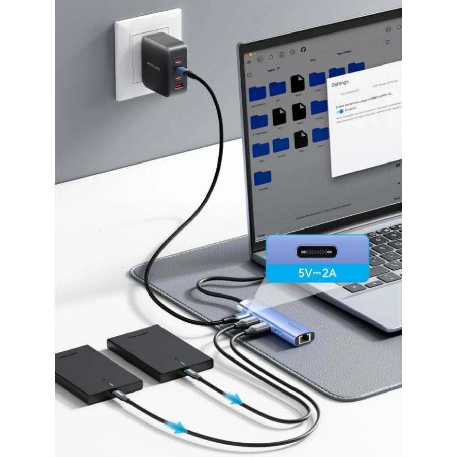 USB-хаб VENTION USB3.0 - USB 3.0x3/RJ45/USB-C Hub Blue Aluminum Alloy 5-in-1 (TGFSB) Додаткові роз'єми LAN (RJ-45)