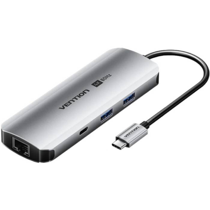 USB-хаб VENTION USB3.1 Type-C - HDMI 4K USB 3.0x2/RJ45/SD/TF/3.5mm/PD 100W Hub 9-in-1 (TQMHB)