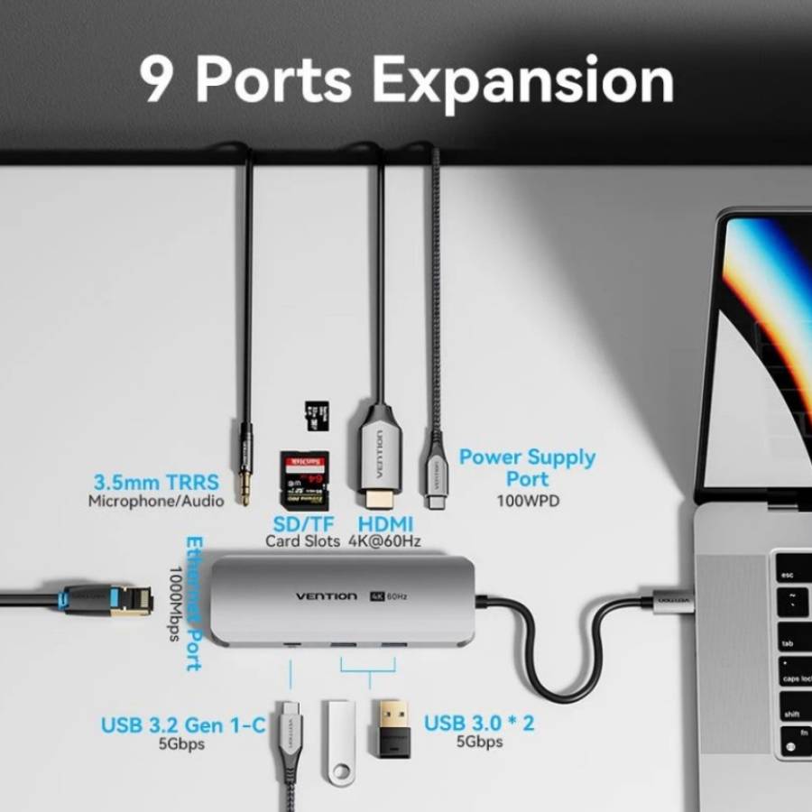 USB-хаб VENTION USB3.1 Type-C - HDMI 4K USB 3.0x2/RJ45/SD/TF/3.5mm/PD 100W Hub 9-in-1 (TQMHB) Тип живлення пасивний