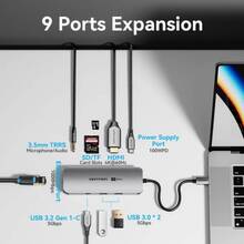 USB-хаб VENTION USB3.1 Type-C - HDMI 4K USB 3.0x2/RJ45/SD/TF/3.5mm/PD 100W Hub 9-in-1 (TQMHB)