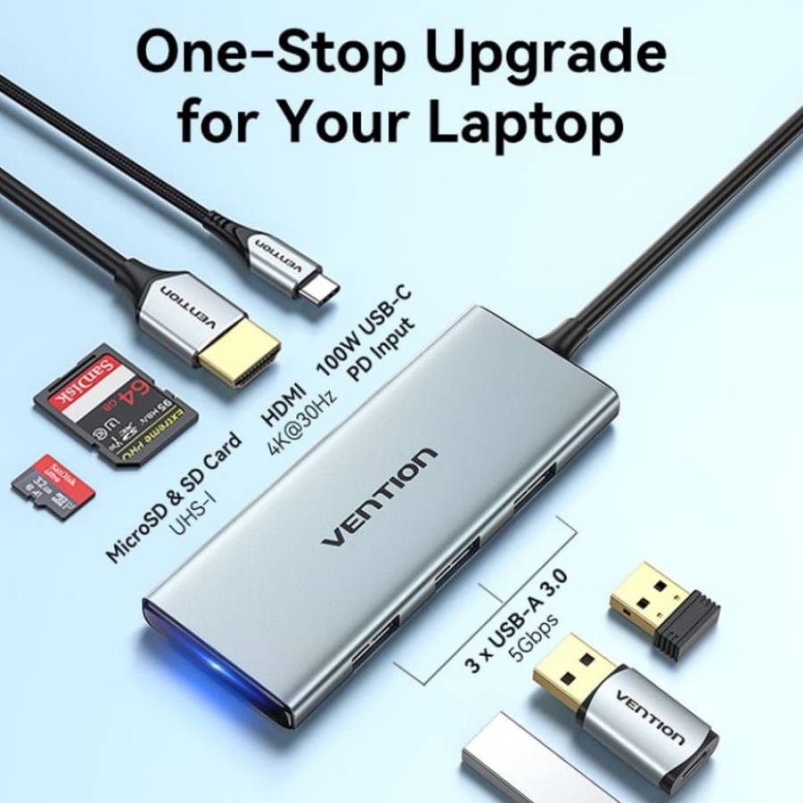 USB-хаб VENTION USB3.1 Type-C - HDMI/USB 3.0x3/SD/TF/PD 100W 7-in-1 (TOPHB) Тип живлення пасивний