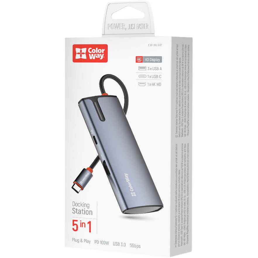 Зовнішній вигляд USB-хаб COLORWAY USB-C 5-в-1 Type C PD 100W/USB3.0х3/HDMI 4К (BO3PS5I01-4)