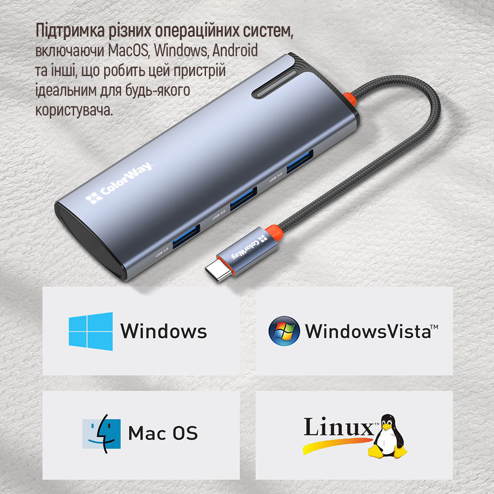У Фокстрот USB-хаб COLORWAY USB-C 5-в-1 Type C PD 100W/USB3.0х3/HDMI 4К (BO3PS5I01-4)
