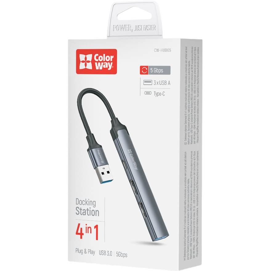 USB-хаб COLORWAY USB-A 4-в-1 USB2.0х3/USB3.0 BO3PS5I01-4 (CW-HUB05) Інтерфейс підключення USB Type-C