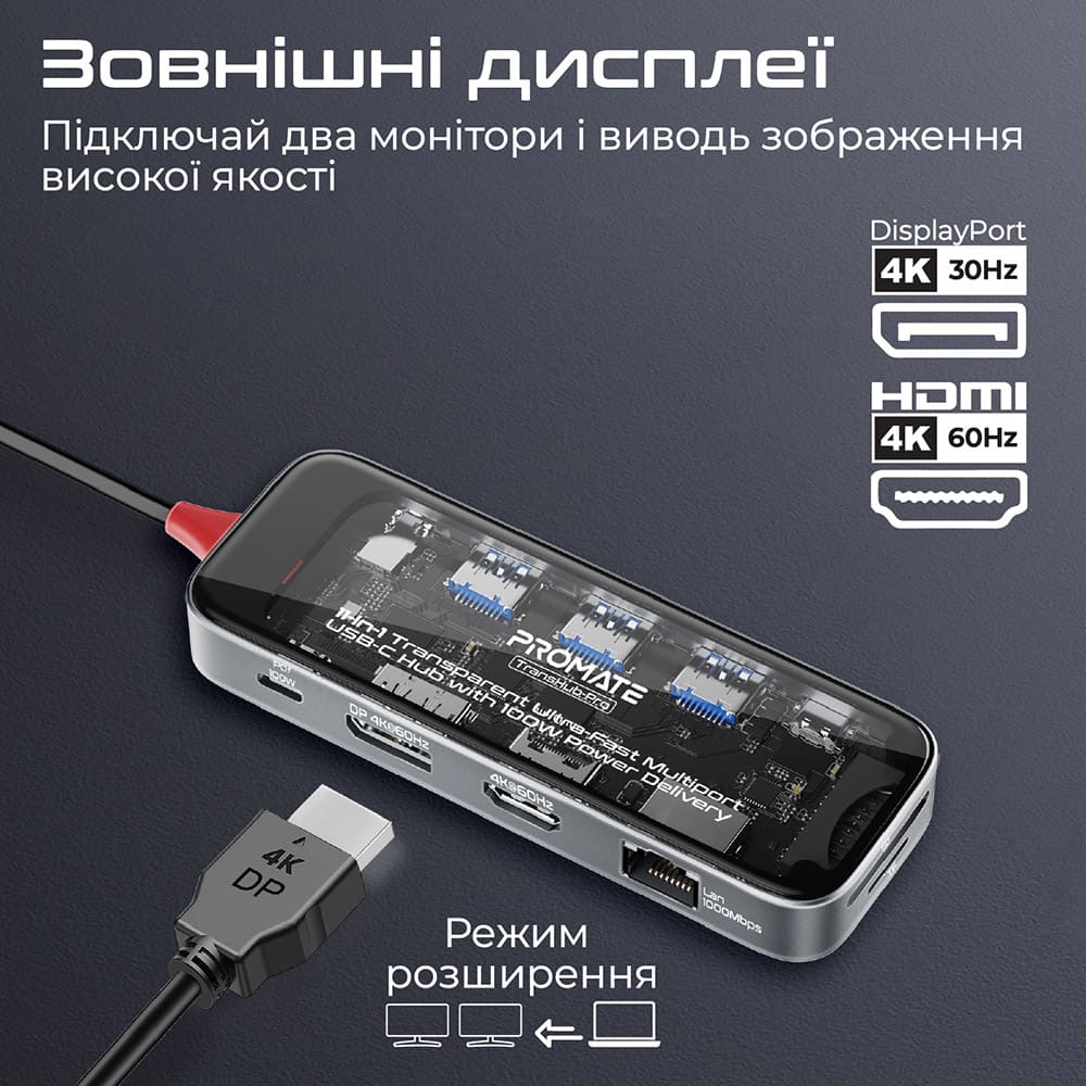 Док-станція Promate TransHub-Pro 11 в 1 Grey (transhub-pro) Інтерфейс підключення USB Type-C