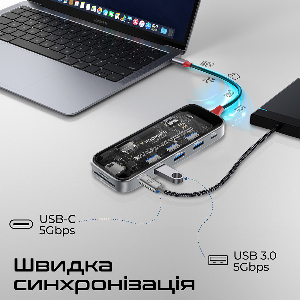 Док-станція Promate TransHub-Go 9 в 1 Grey (transhub-go) Інтерфейс підключення USB Type-C