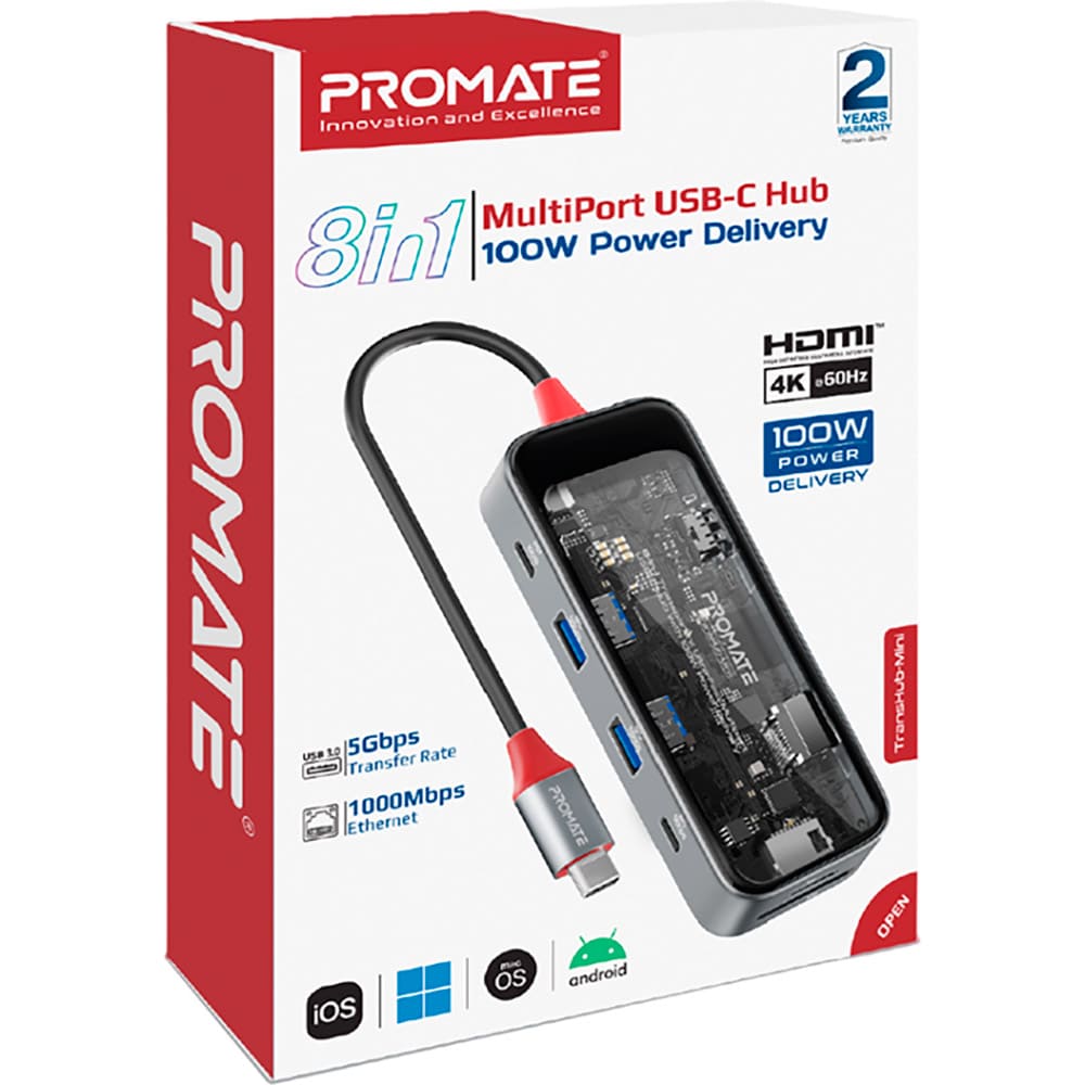 Док-станція Promate TransHub-Mini 8 в 1 Grey (transhub-mini) Тип док-станція