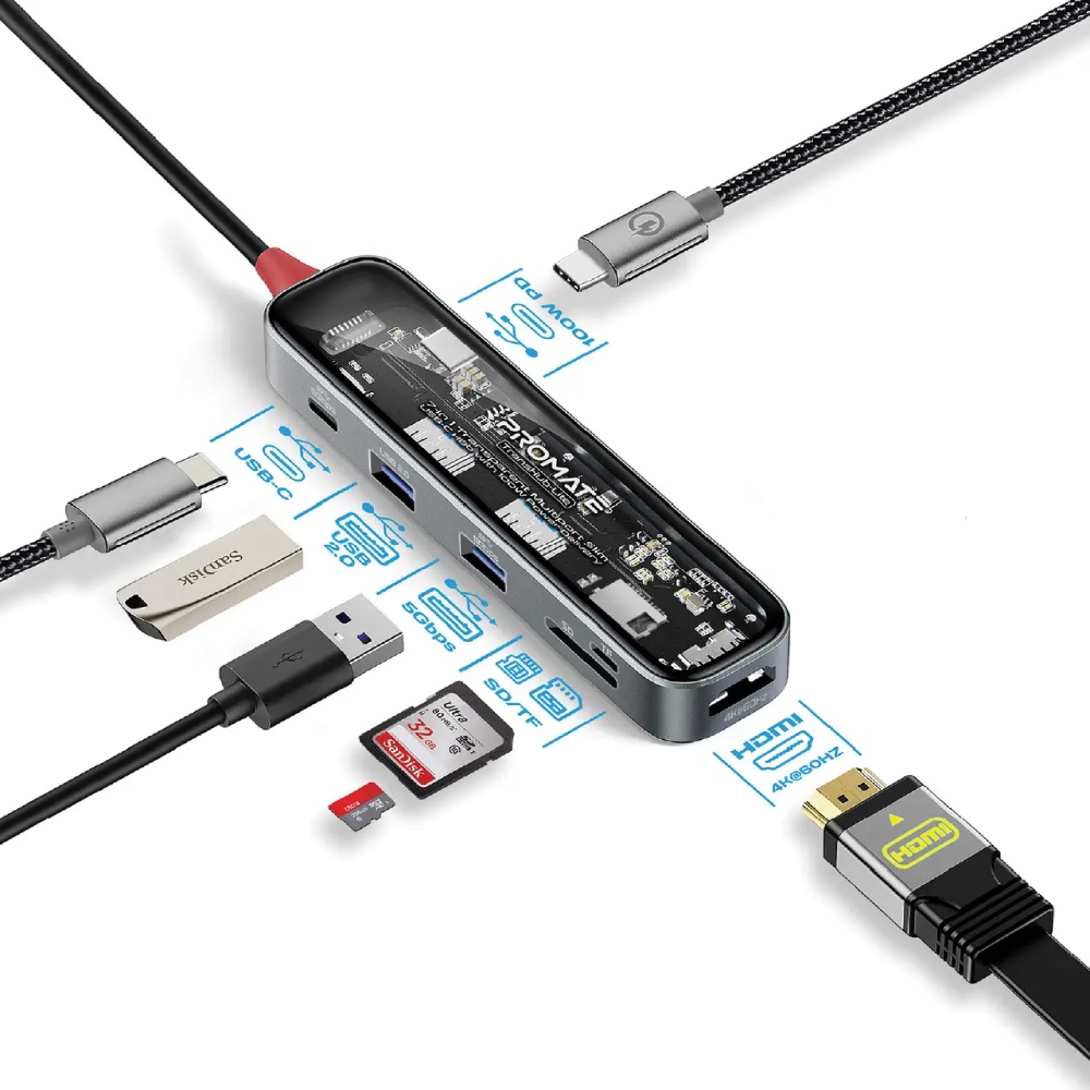 Док-станция Promate TransHub-Lite 7 в 1 Grey (transhub-lite)