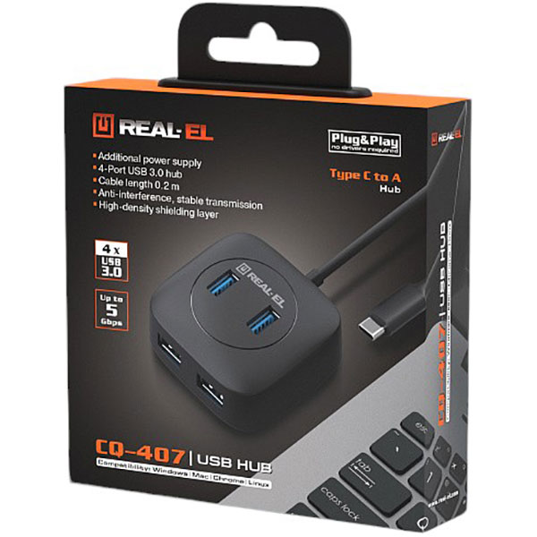 Покупка USB-хаб REAL-EL CQ-407 Black (EL123110011)