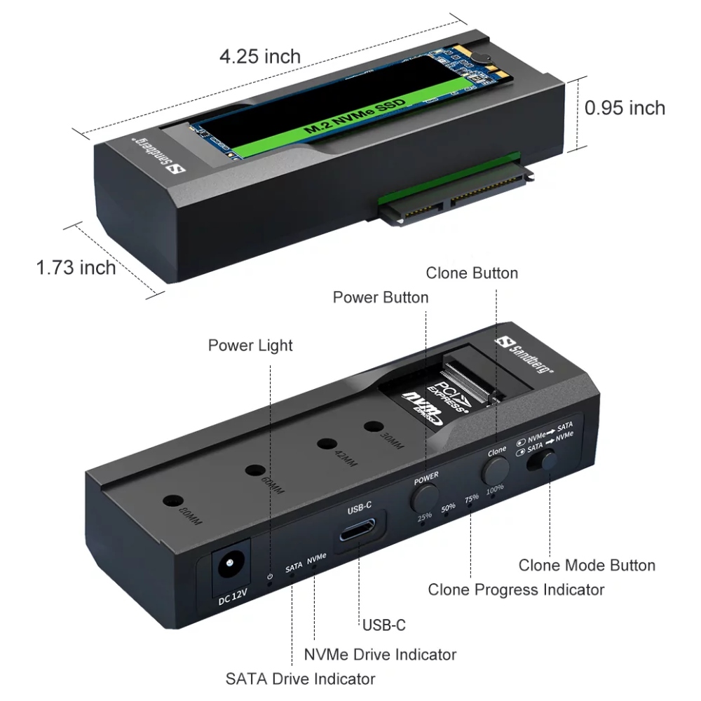 Внешний вид Док-станция SANDBERG USB 3.2 Cloner & Dock for M2 + NVMe + SATA Black (136-49)