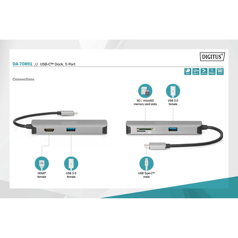 Замовити Док-станція DIGITUS USB-C 5-port Travel Dock (DA-70891)