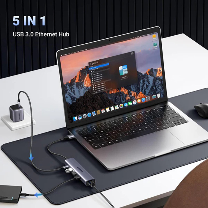 Док-станция UGREEN USB 3.0 to 3хUSB 3.0 Type-C+RJ45 Ethernet 5 in 1 Hub Grey (60554) Тип питания пассивный