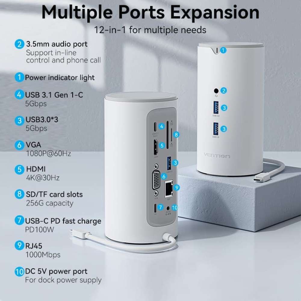 Док - станція VENTION USB3.1 Type-C - HDMI/VGA/USB3.0x3/RJ45/SD/TF/TRRS3.5m/PD/DC100W 12-in-1 (TPHWC-EU) Додаткові роз'єми VGA