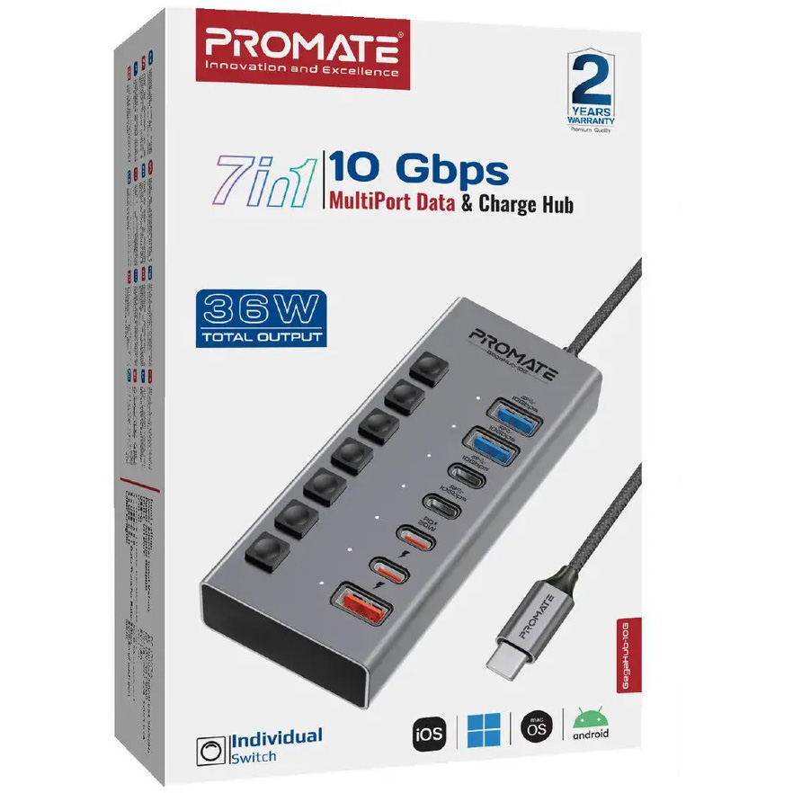 USB-хаб PROMATE 7-в-1 Gegahub-10G Grey (gegahub-10g) Тип USB-хаб