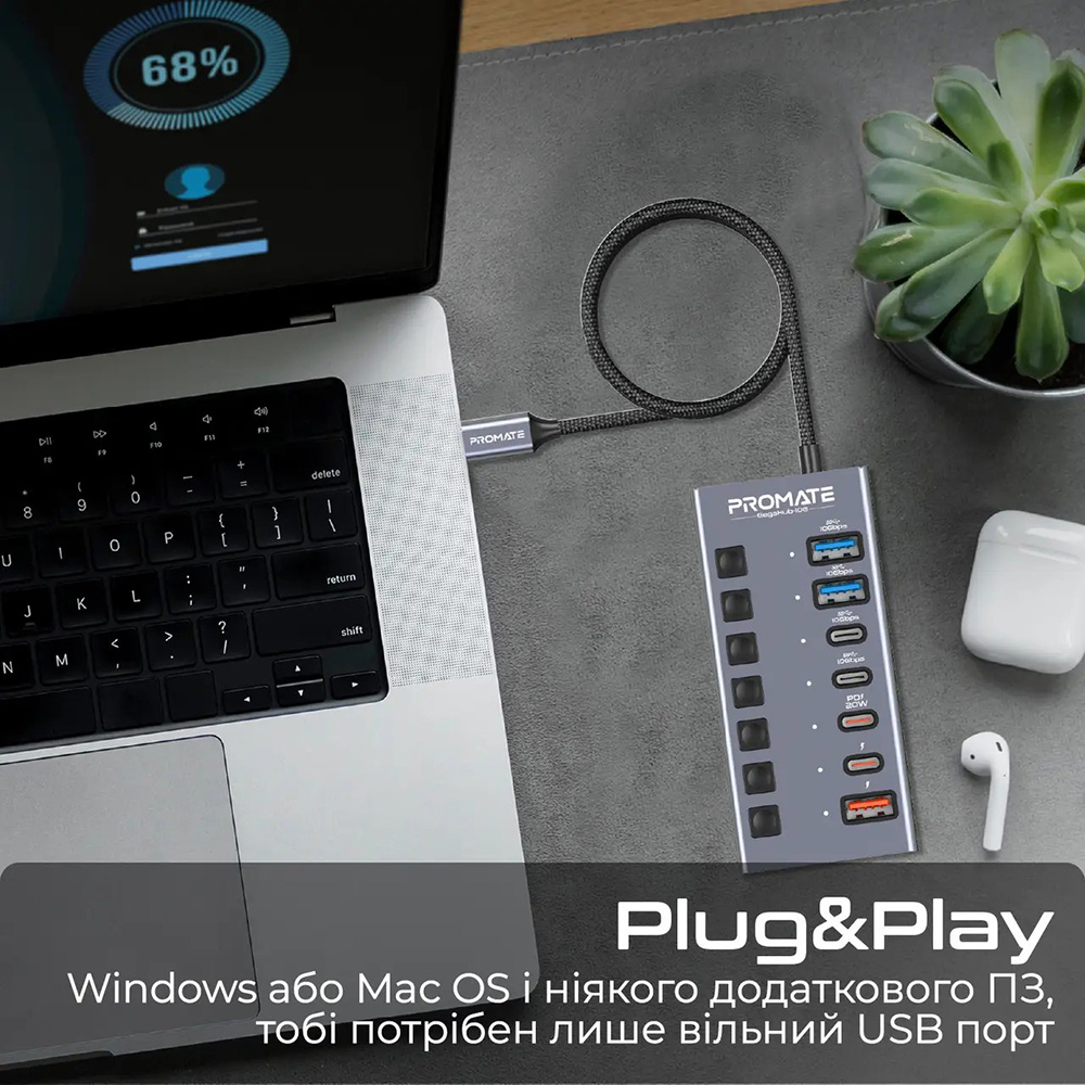 Внешний вид USB-хаб PROMATE 7-в-1 Gegahub-10G Grey (gegahub-10g)