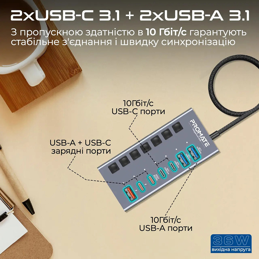 USB-хаб PROMATE 7-в-1 Gegahub-10G Grey (gegahub-10g) Тип питания активный