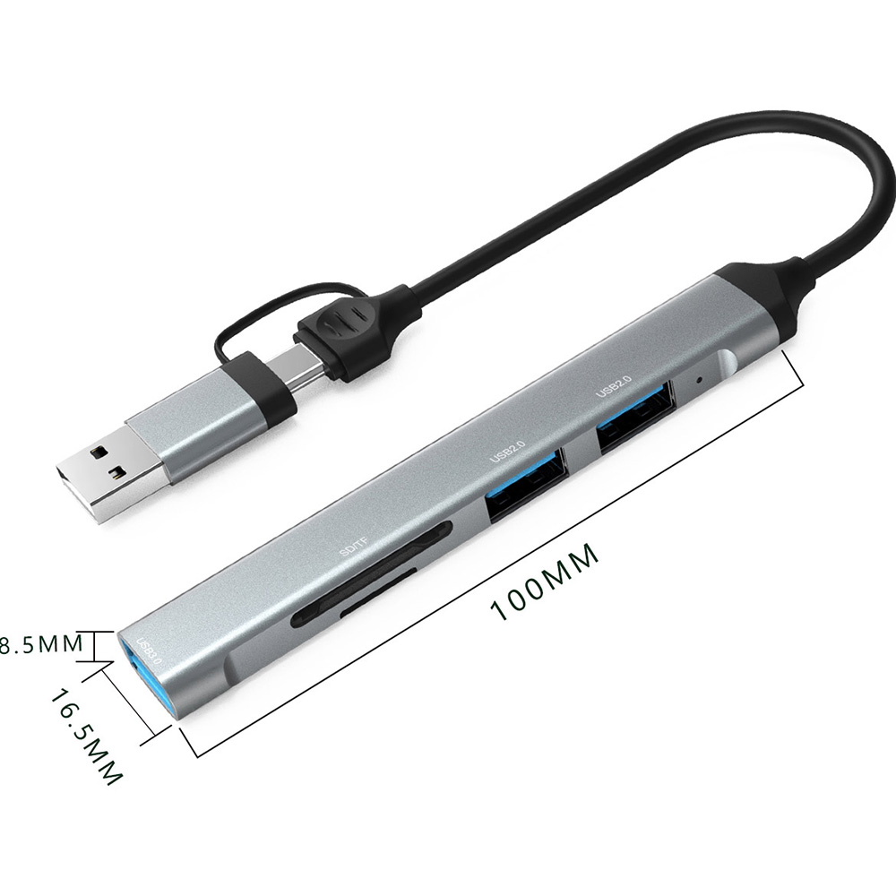 Зовнішній вигляд Док-станція DYNAMODE 5-in-1 USB-C/A to 1xUSB3.0, 2xUSB2.0, TF/SD Gray (DM-UH-514)