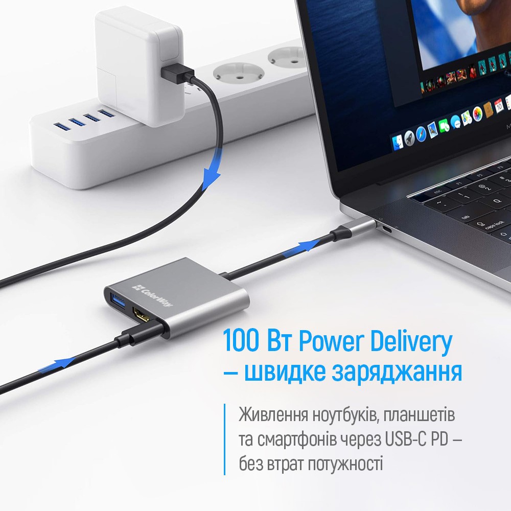 В интернет магазине Док-станция COLORWAY USB-C 3-в-1 Type C PD 100W/USB3.0/HDMI 4K (CW-HUB08)
