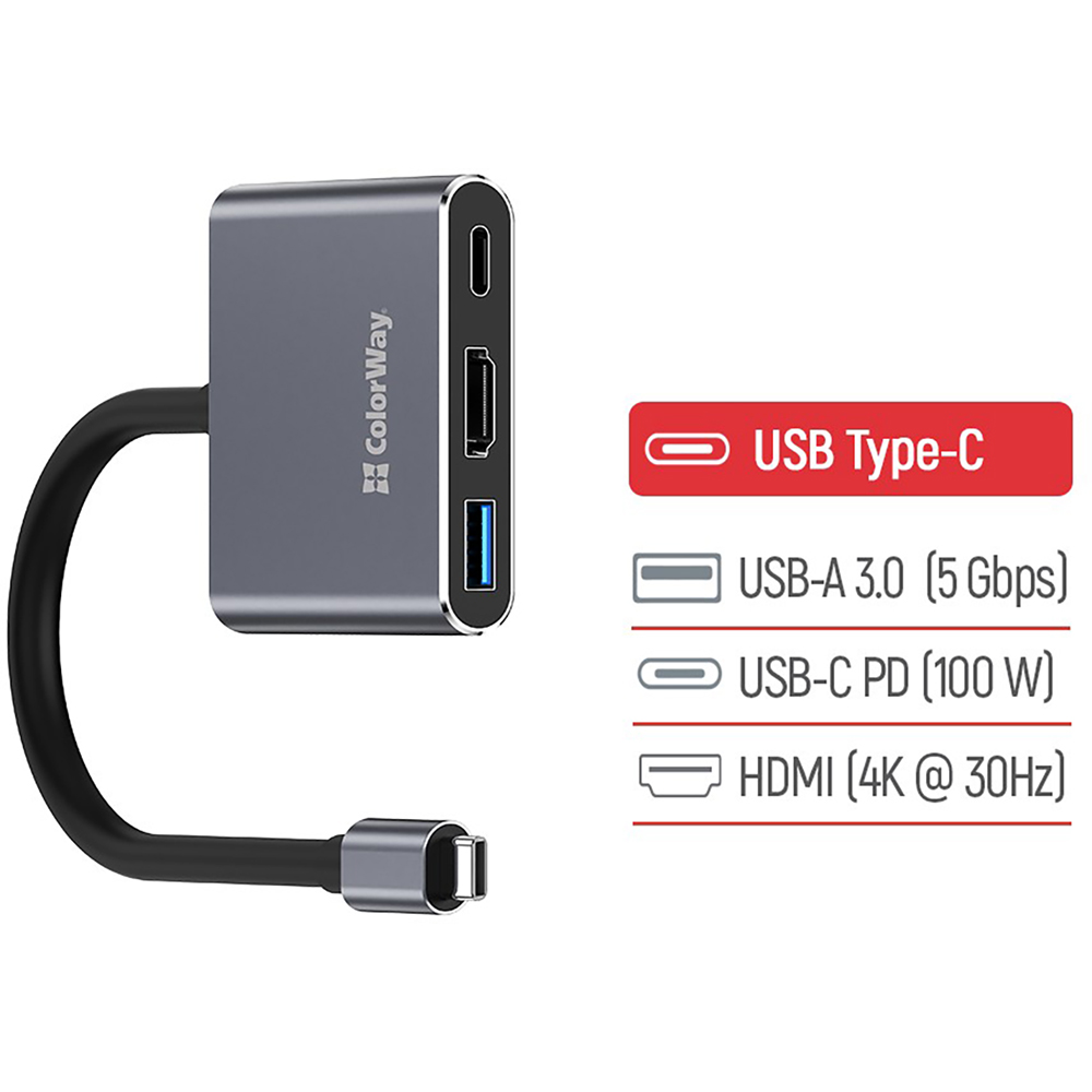 Док-станция COLORWAY USB-C 3-в-1 Type C PD 100W/USB3.0/HDMI 4K (CW-HUB08) Дополнительные разъемы HDMI