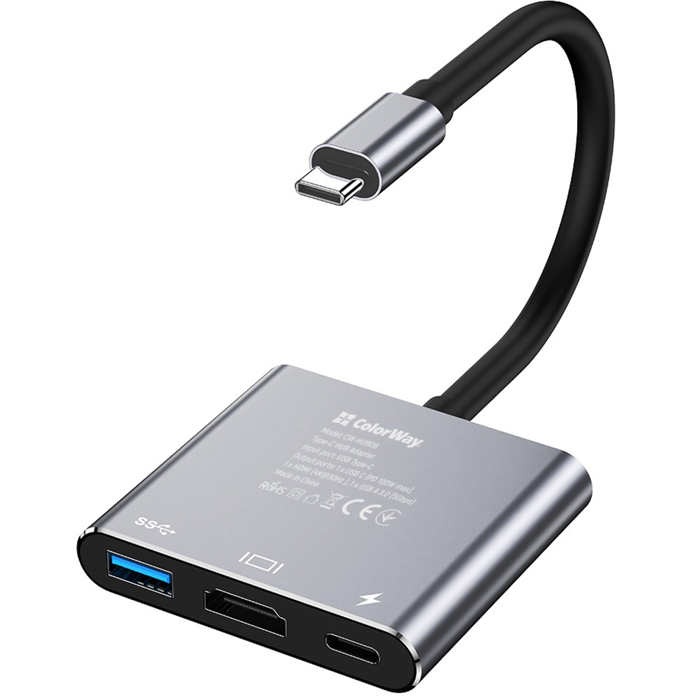 Док-станция COLORWAY USB-C 3-в-1 Type C PD 100W/USB3.0/HDMI 4K (CW-HUB08) Тип питания пассивный