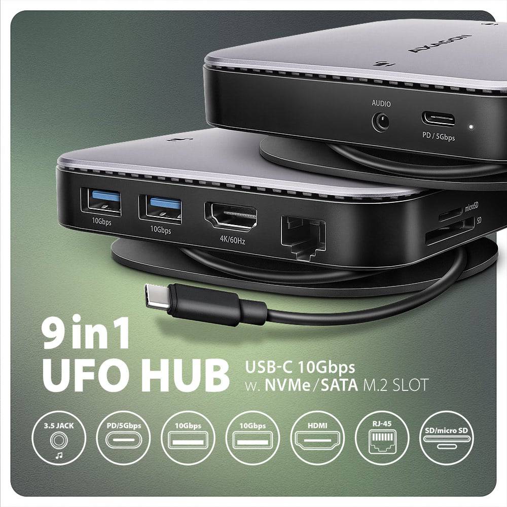 Док-станція AXAGON HMC-UFO USB-C 10Gbps UFO 9 In 1 Hub Grey Тип док-станція
