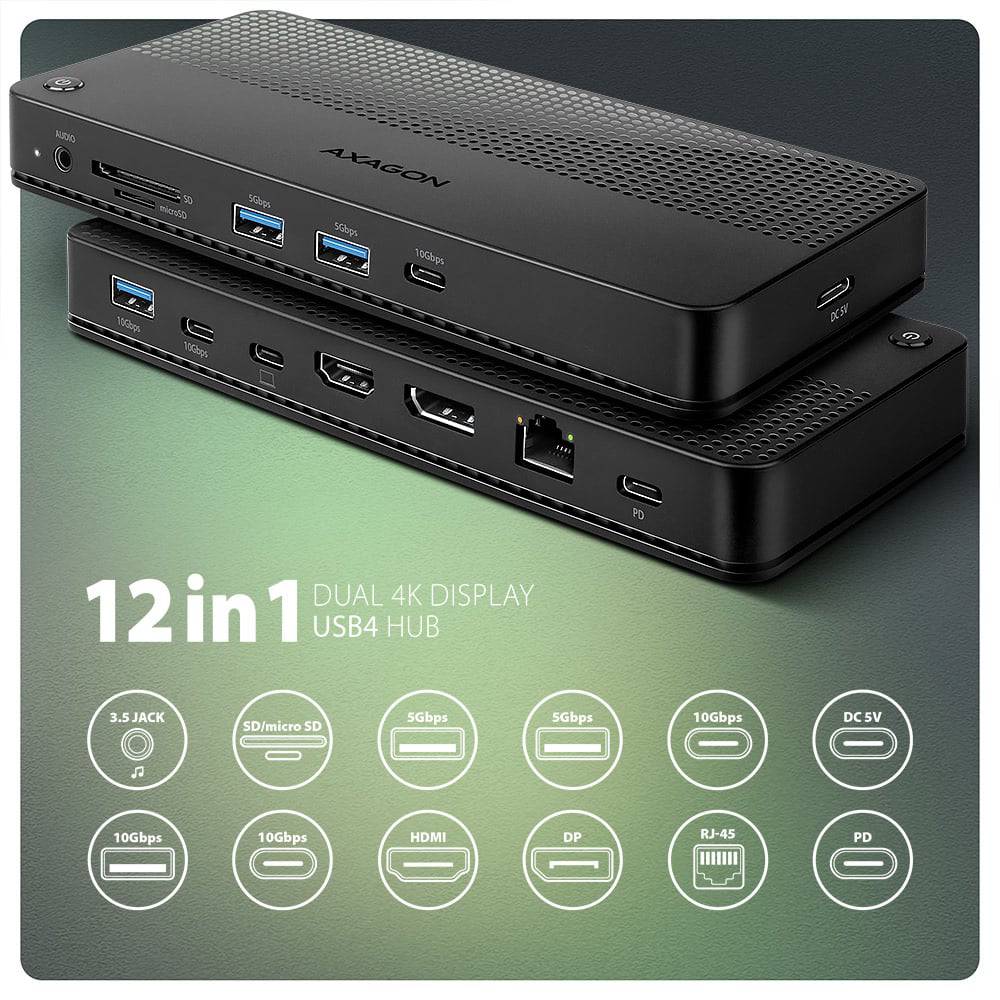 Док-станція AXAGON USB4 40Gbps DUAL 4K DISPLAY 12 In1 Dock Black (HMC-U4) Тип живлення пасивний