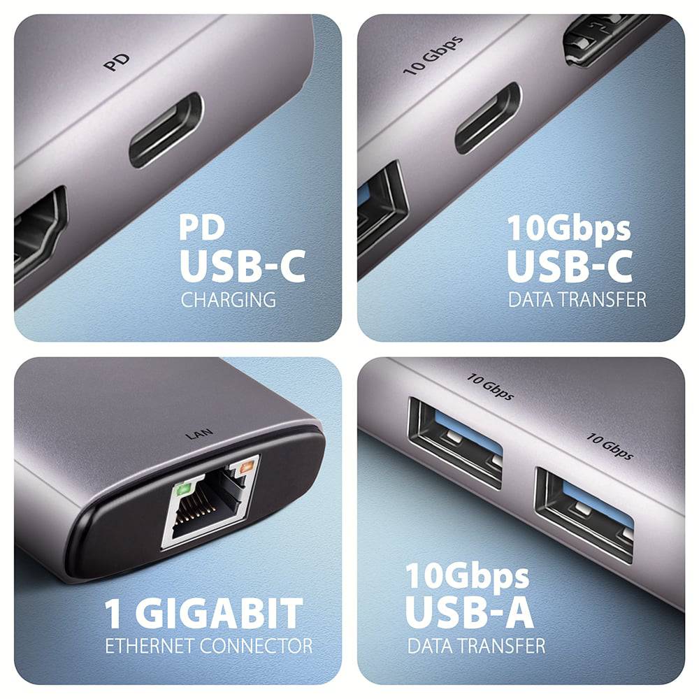 Док-станція AXAGON USB-C 10Gbps 6 In 1 Hub Grey (HMC-6G2L) Інтерфейс підключення USB Type-C