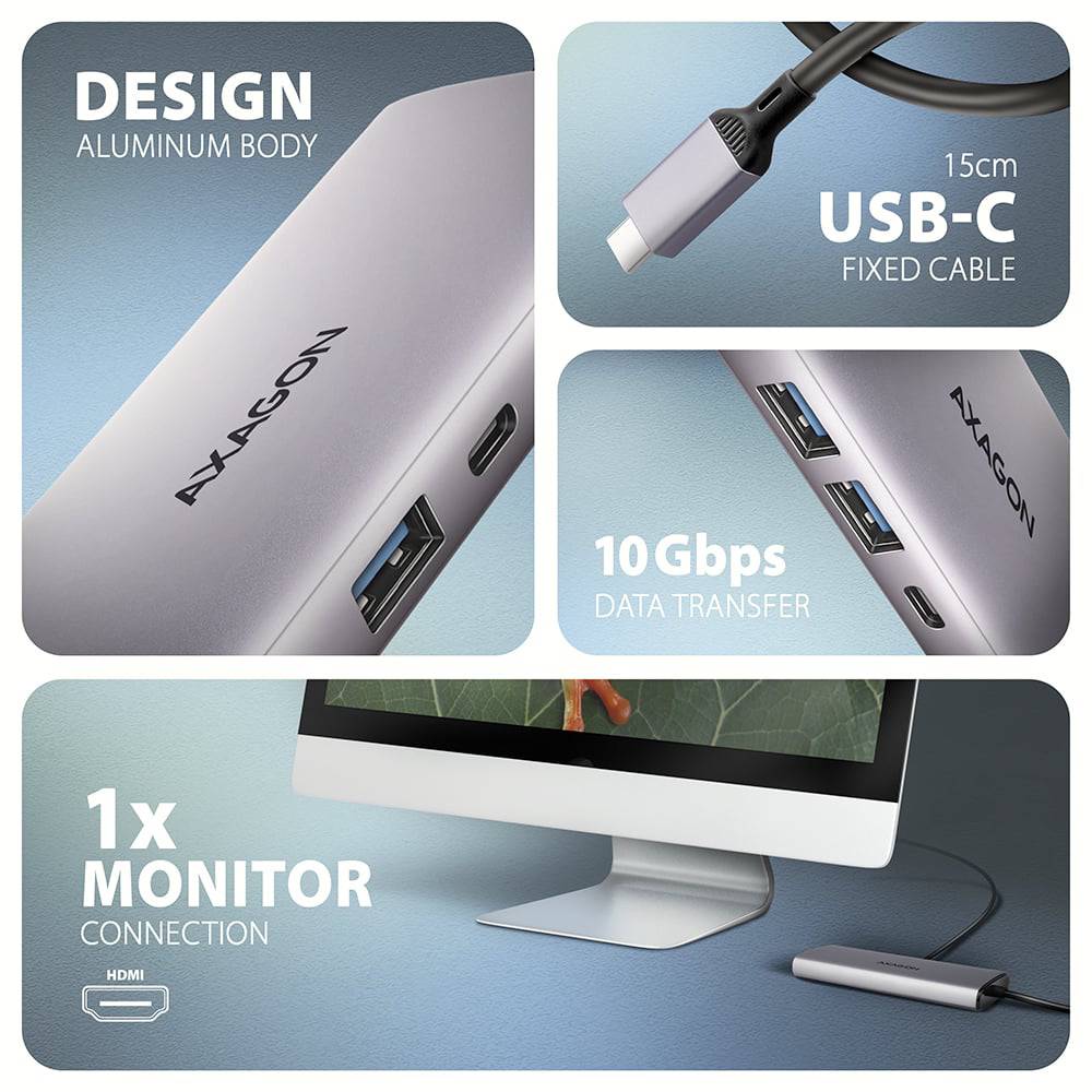 Зовнішній вигляд Док-станція AXAGON USB-C 10Gbps 6 In 1 Hub Grey (HMC-6G2L)